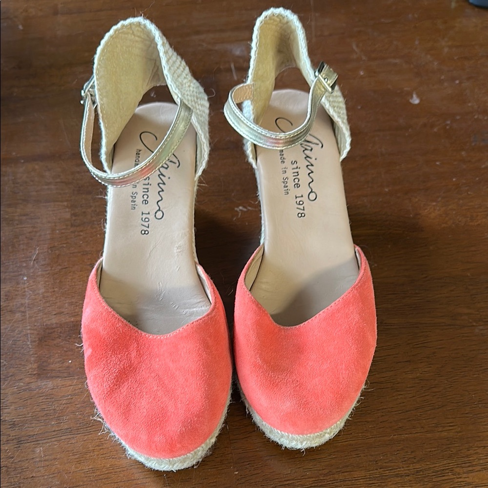 Giamo Coral  and Cream Espadrille Wedges with Ankle Straps